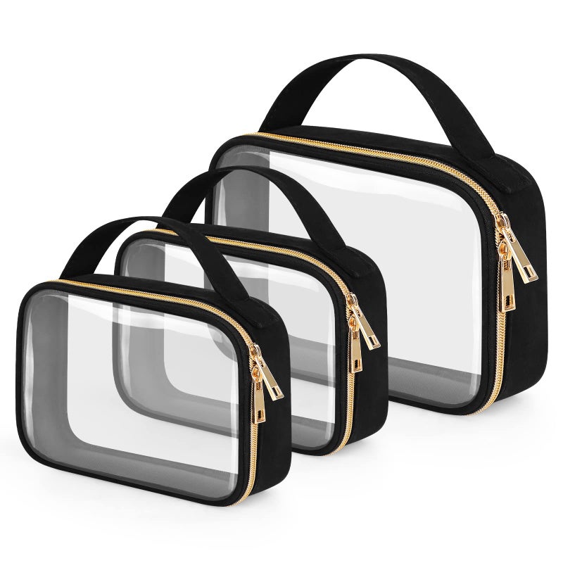 Wedama TSA Approved Toiletry Bags, 3 Pack Clear Makeup Bags with Handles, Large Opening Clear Toiletry Bags, PVC Cosmetic Bags for Women and Men, Clear Cosmetic Bags with Double Zipper, Black - Image 1